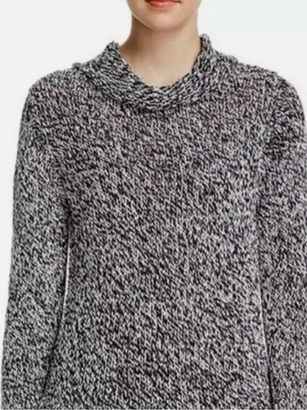 Eileen Fisher Marled Open Knit Turtleneck Sweater Oversized Crop Grey Medium
